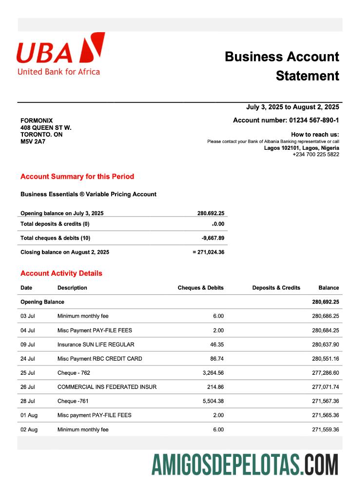 Realista Nigéria UBA Business Checking modelo de extrato de conta Word e PDF